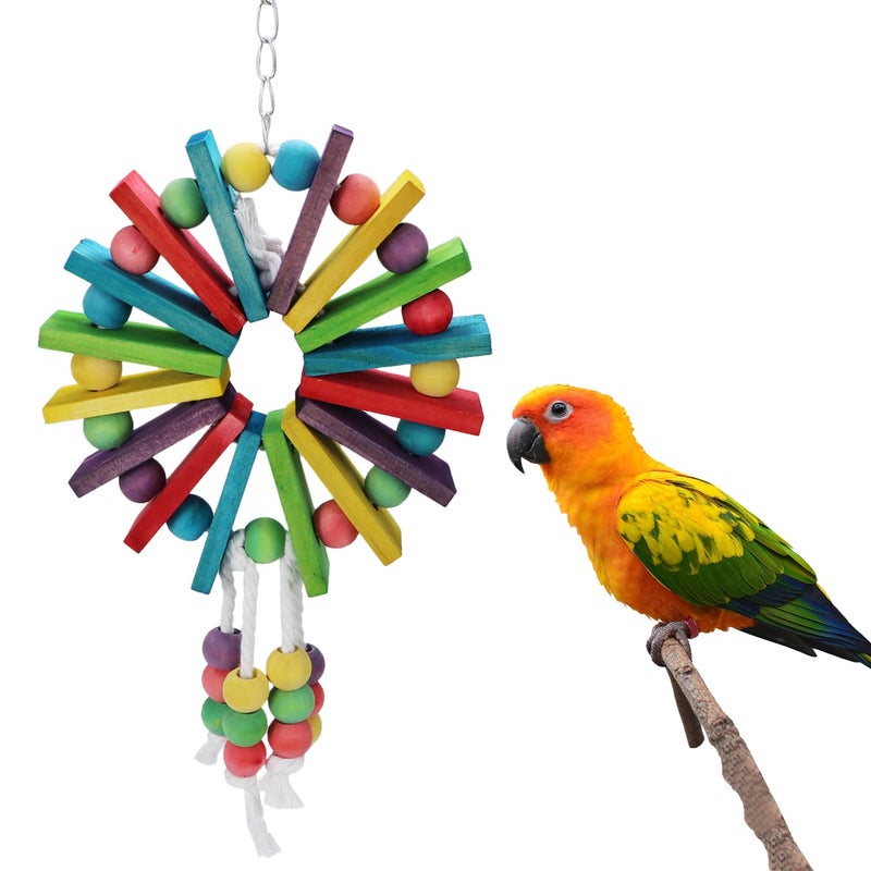 Litewoo Parrot Hanging Chew Toy Bird Bite Swing with Colorful Wood Beads Bells for Parrot Macaw African Greys Cockatiels Cage Accessories (Colorful Wood Toy) - Image 1